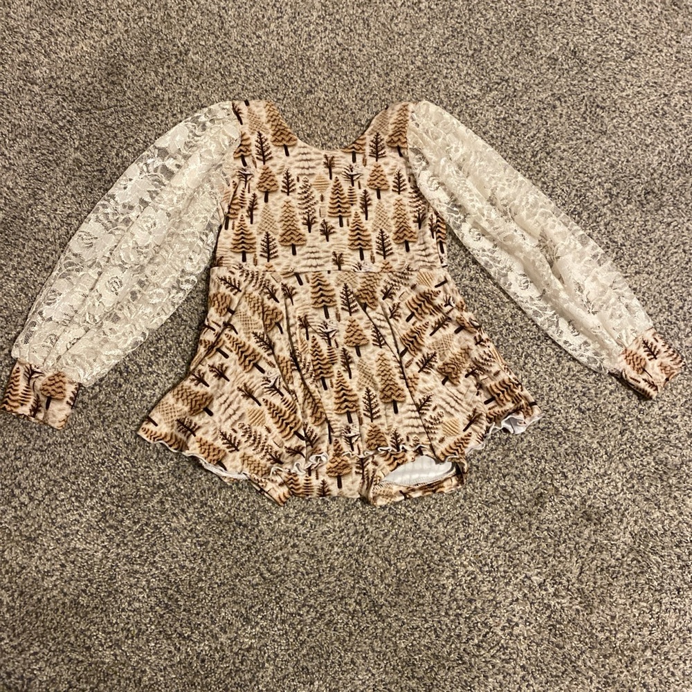 Lace Sleeve Tree Print Bodysuit
